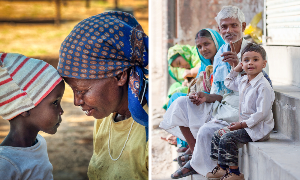 Two images side by side.<br /> On the left - Loving African granny together with her granddaughter in a village in Botswana<br /> On the right - Happy Nepalese family sitting on the steps of their home in the street of old town near Durbar Square