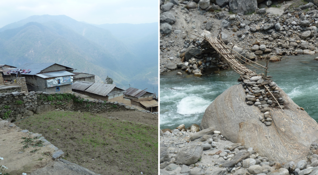 Builldings & houses in a village in Nepal and a small wooden bridge in Nepal