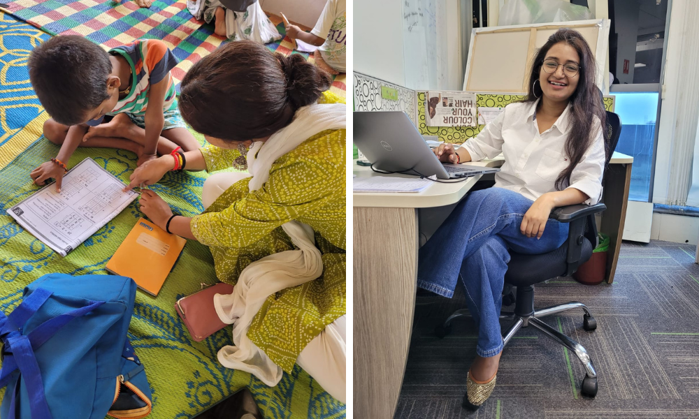 Two photos with Pooja Udayan helping a child read and also one of her sitting in her office